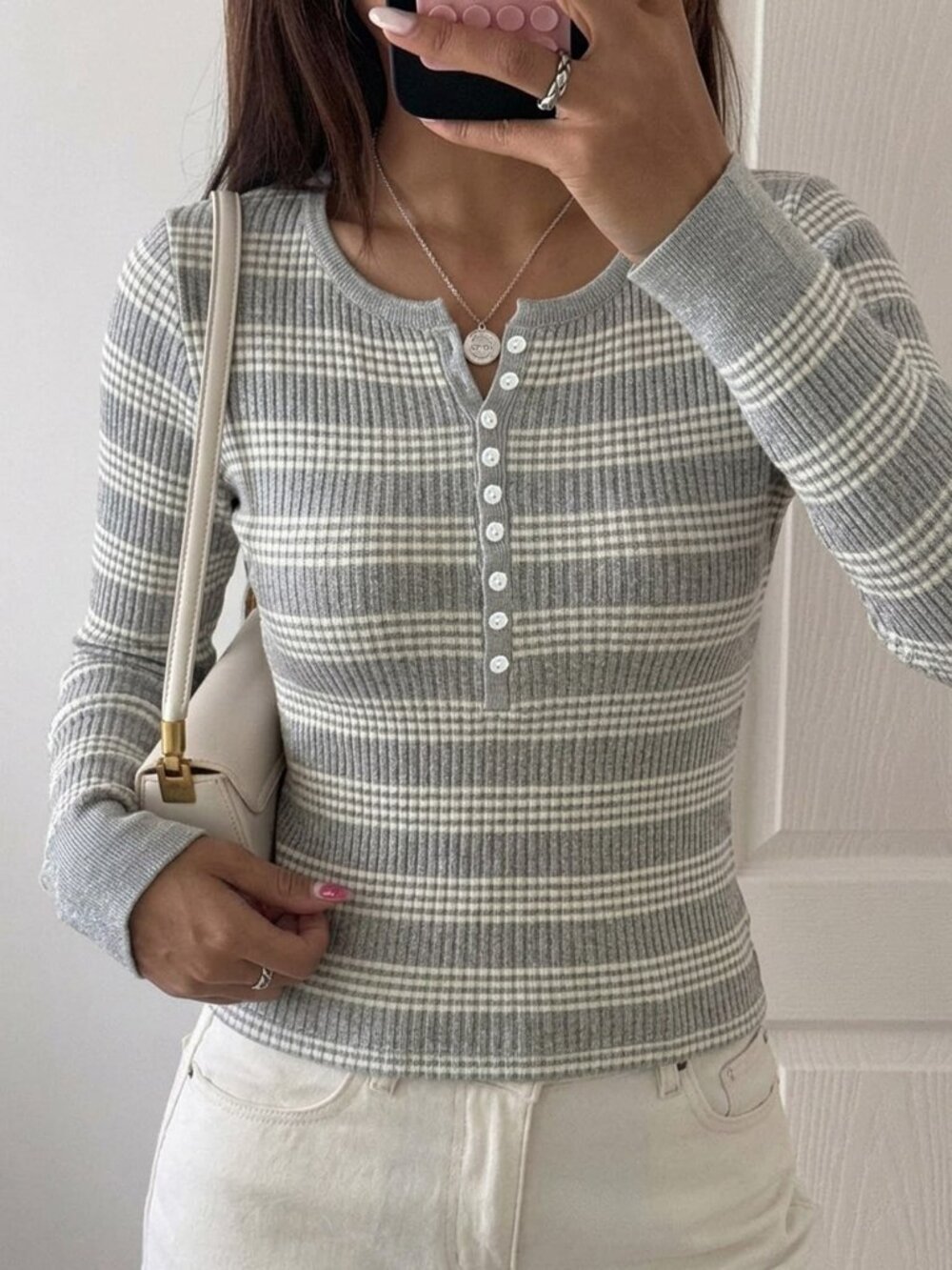 Grey Casual Women's Contrast Ribbed Ribbed Texture Slim Fit Long Sleeve T-Shirt